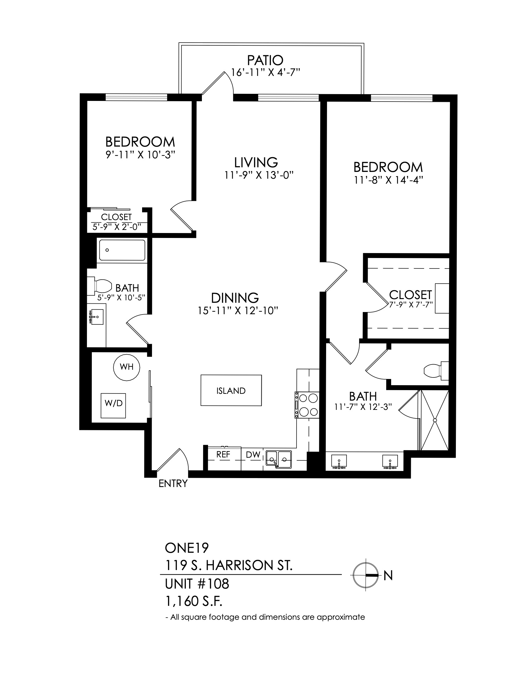 Floor plan for 2 beds, 2 baths, 1160 sqft
